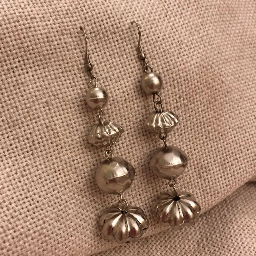Long Boho Chic 4 Bead Drop Earrings Silvertone